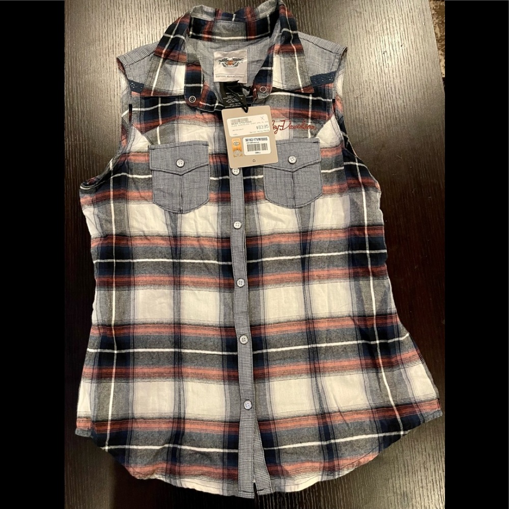 Ladies sleeveless Harley Davidson American Plaid Button Up Shirt Sz S NWT